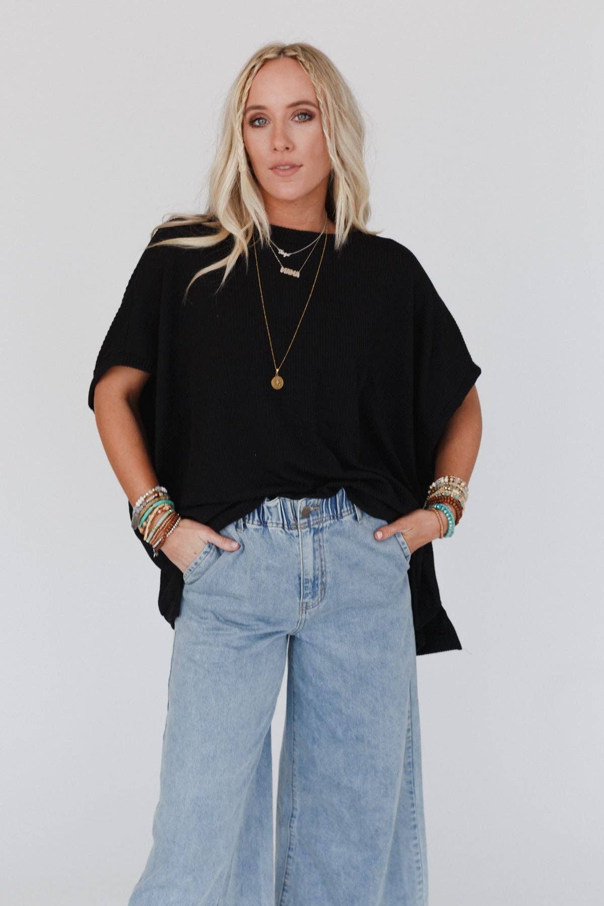 Moon Glow Texture Knit Top - Black
