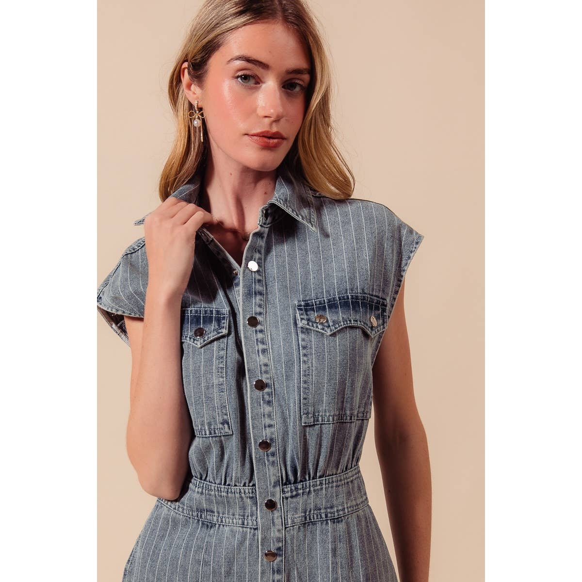 WASHED WIDE LEG PIN STRIPE DENIM OVERALLS JUMPSUIT