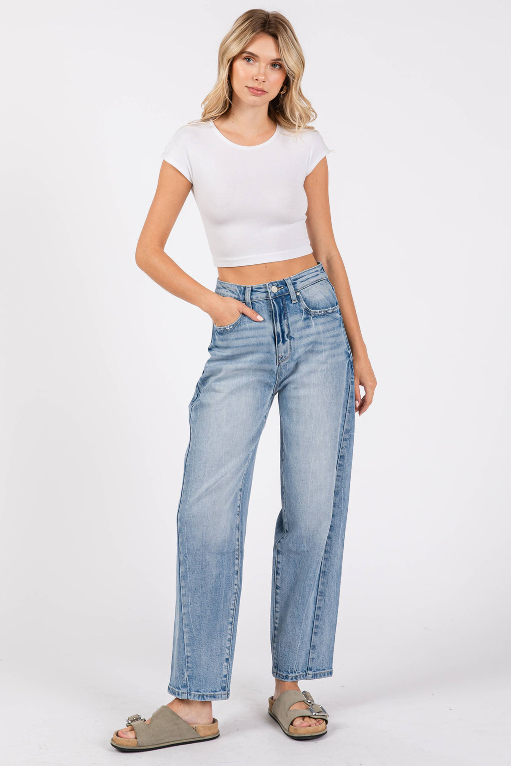 SIDE SEAM DETAILING HIGH RISE COMFORT BARREL JEANS