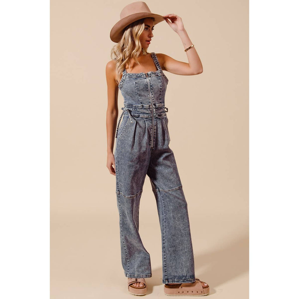 BACK CUTOUT ZIP UP DENIM JUMPSUIT OVERALLS