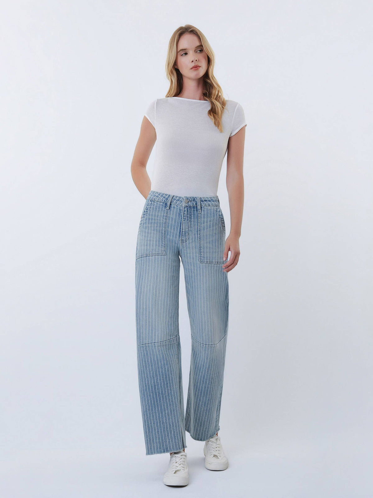 HIGH RISE STRIPED RAW HEM CROP BARREL JEANS