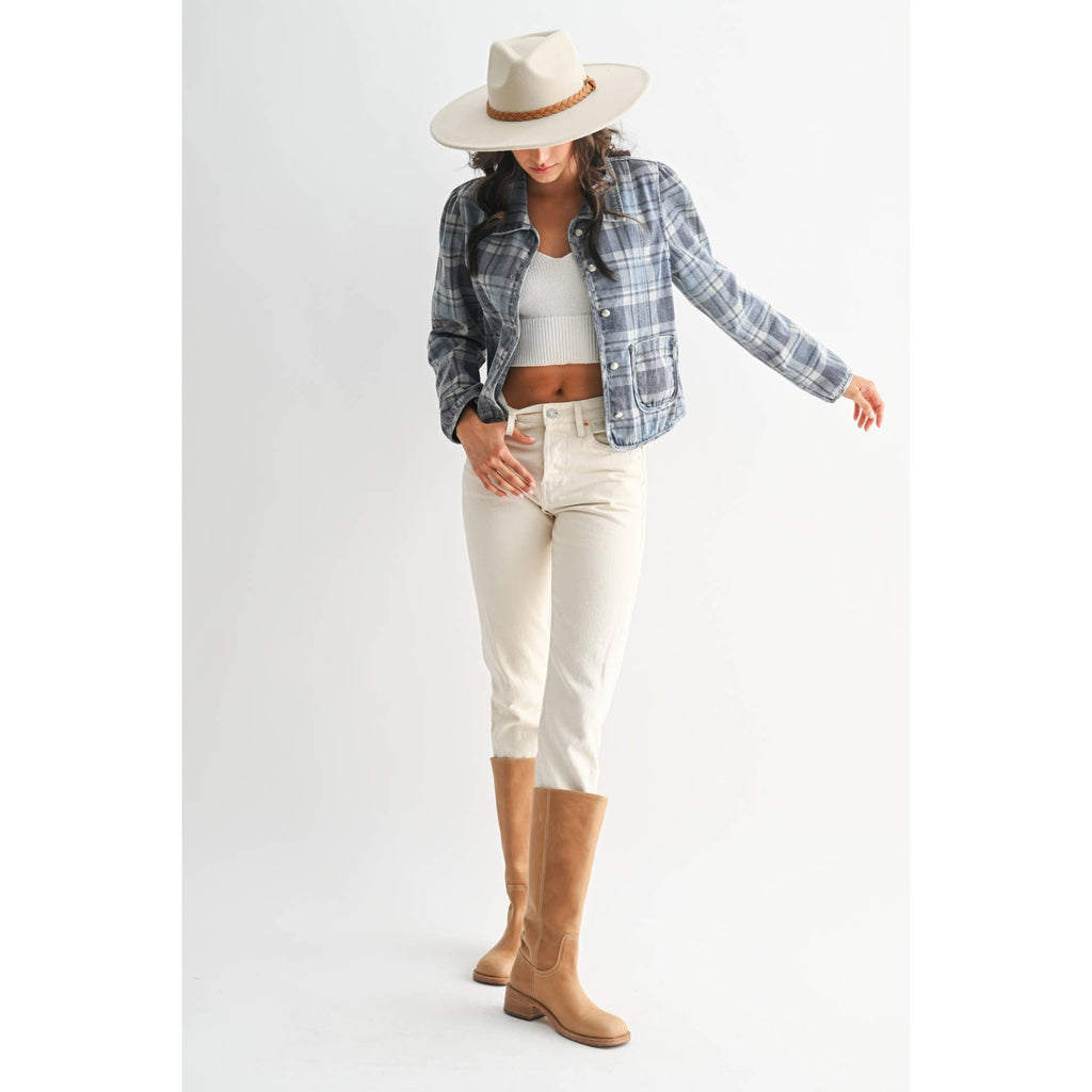 CET26255 Denim Plaid Button-Front Jacket