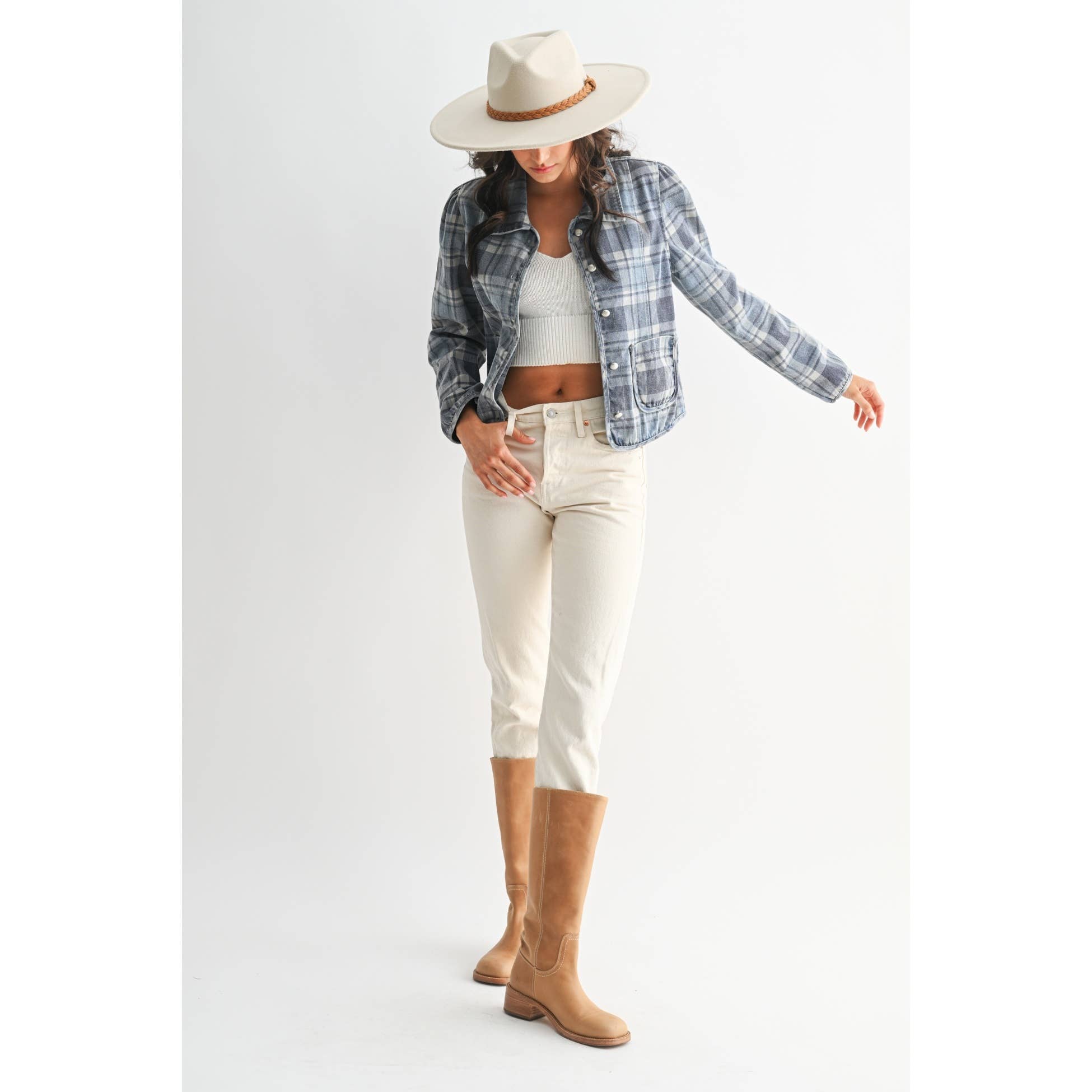 CET26255 Denim Plaid Button-Front Jacket