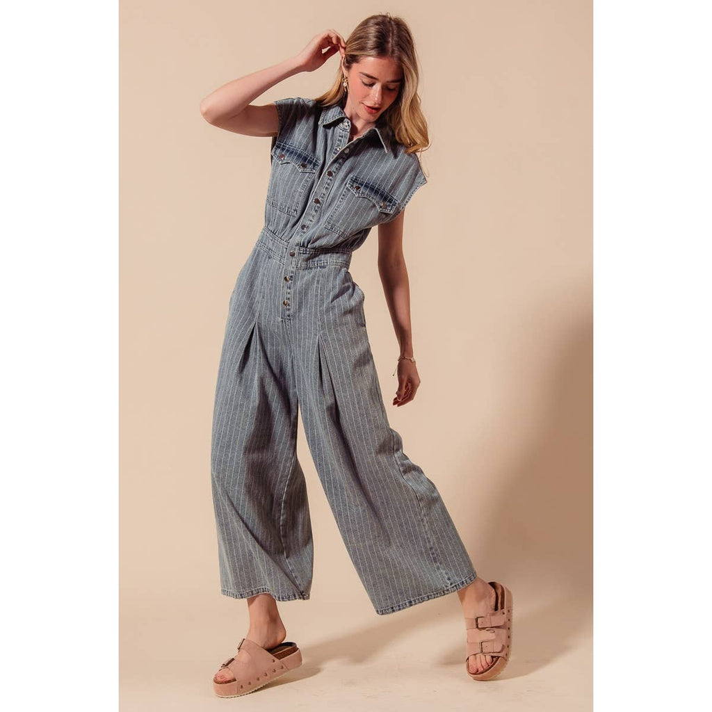 WASHED WIDE LEG PIN STRIPE DENIM OVERALLS JUMPSUIT