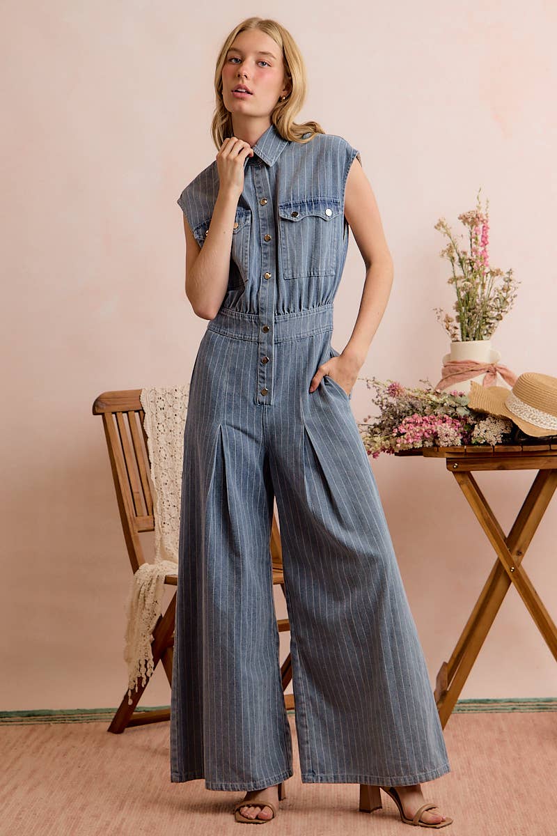 WASHED WIDE LEG PIN STRIPE DENIM OVERALLS JUMPSUIT