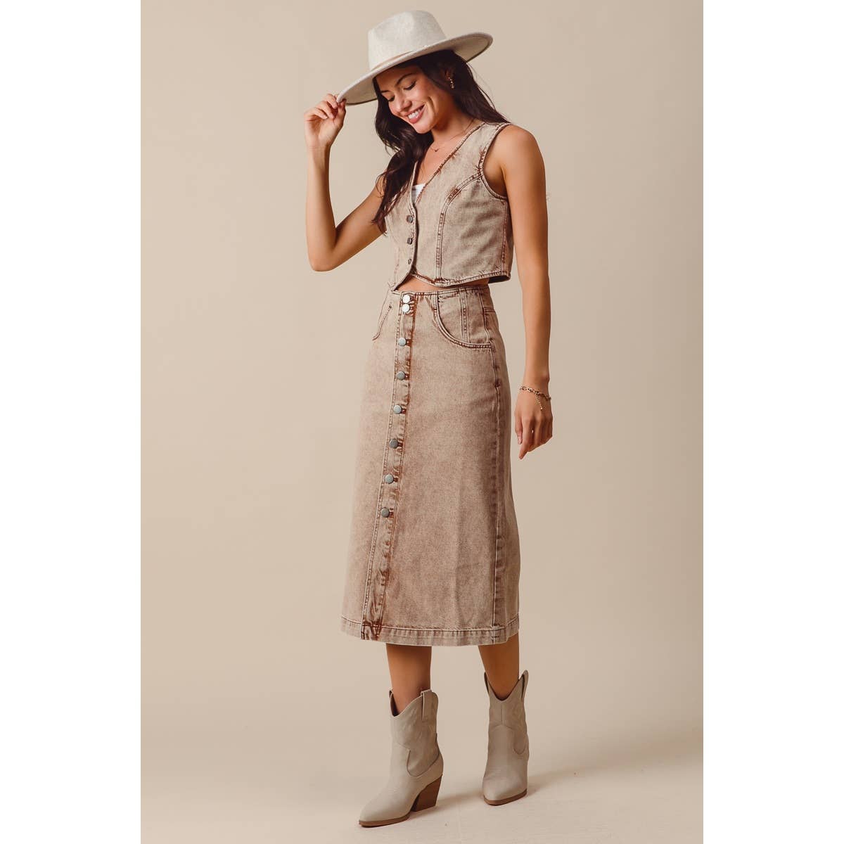 WASHED COLOR DENIM SEAMED VEST AND MIDI SKIRT SET