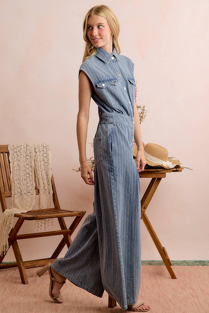 WASHED WIDE LEG PIN STRIPE DENIM OVERALLS JUMPSUIT