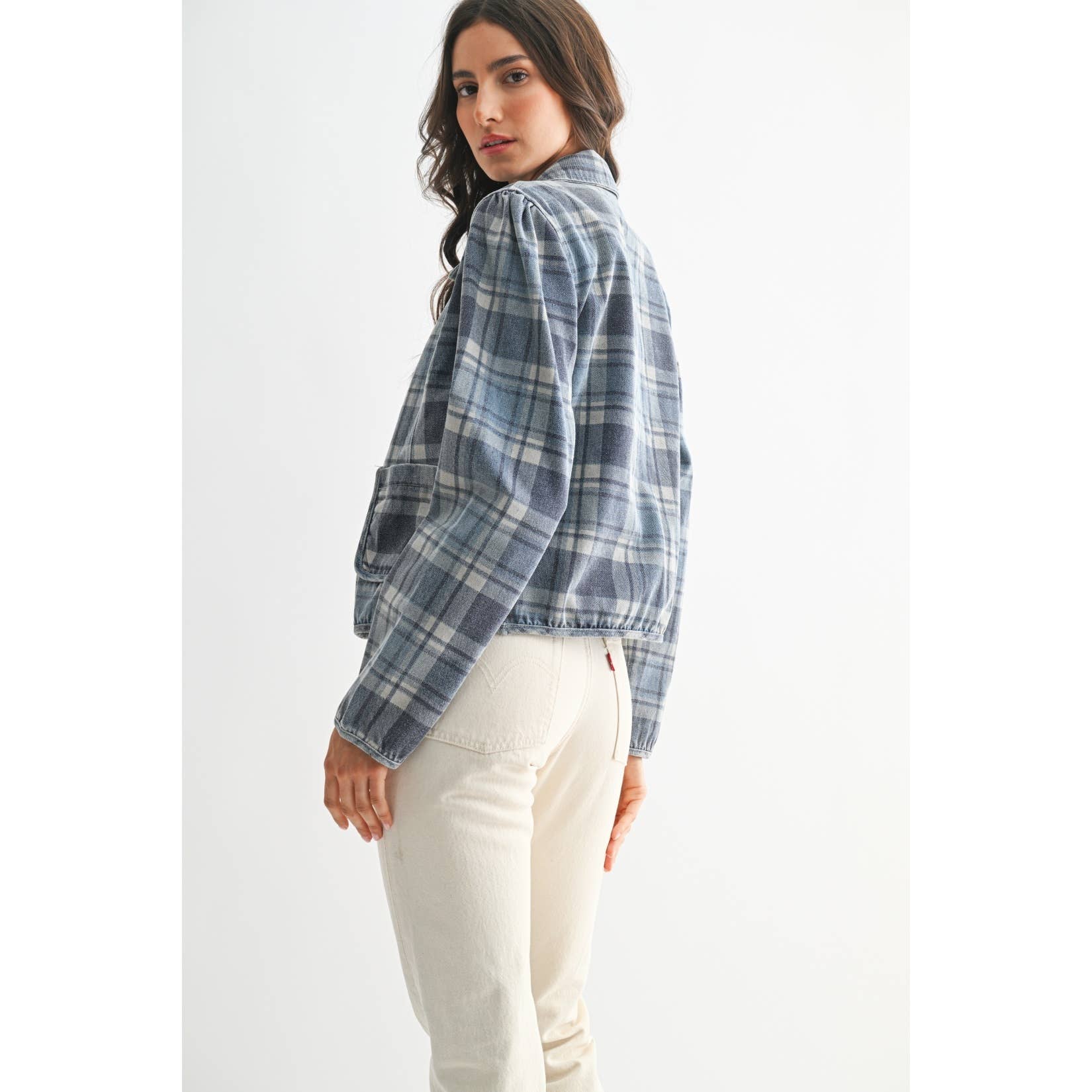 CET26255 Denim Plaid Button-Front Jacket