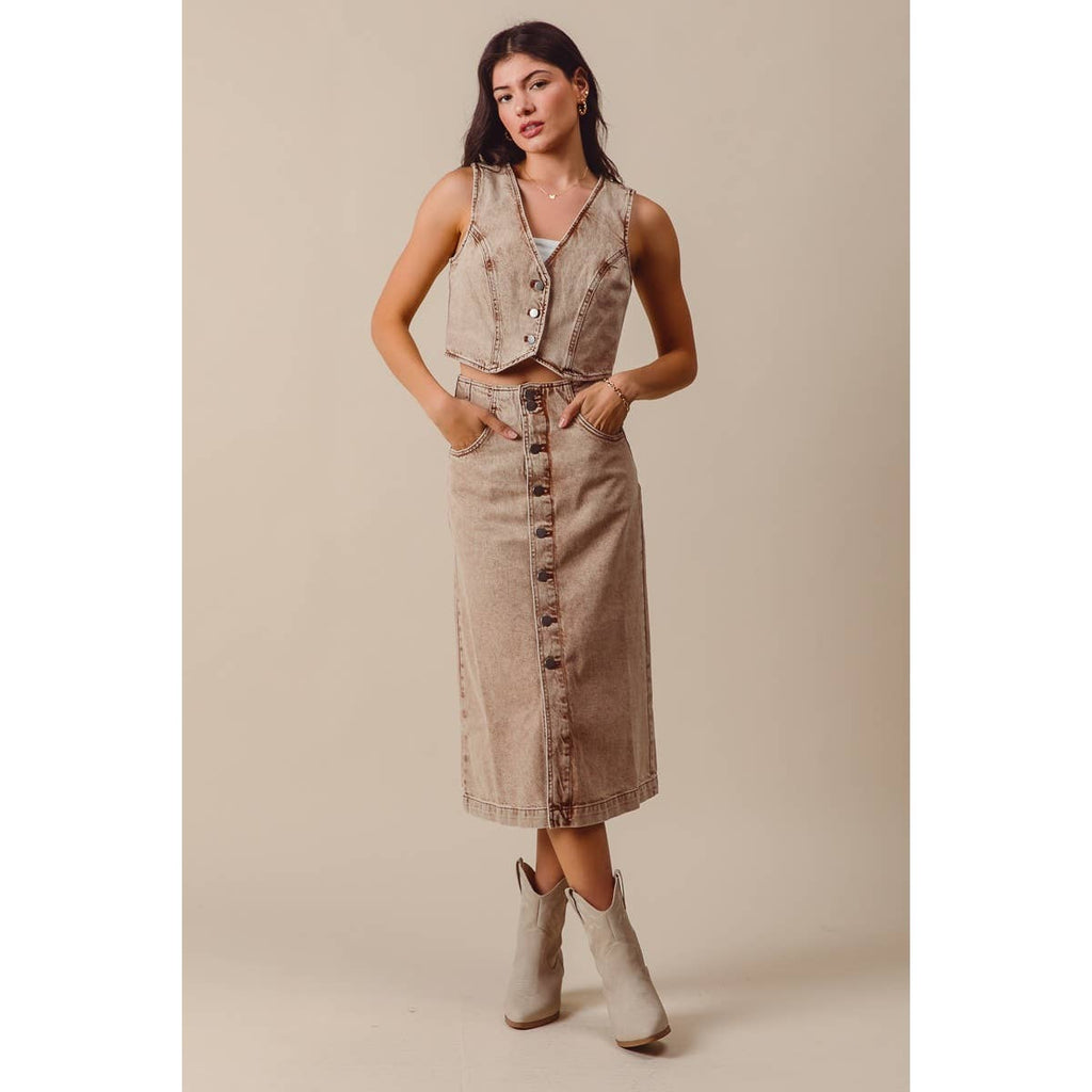 WASHED COLOR DENIM SEAMED VEST AND MIDI SKIRT SET