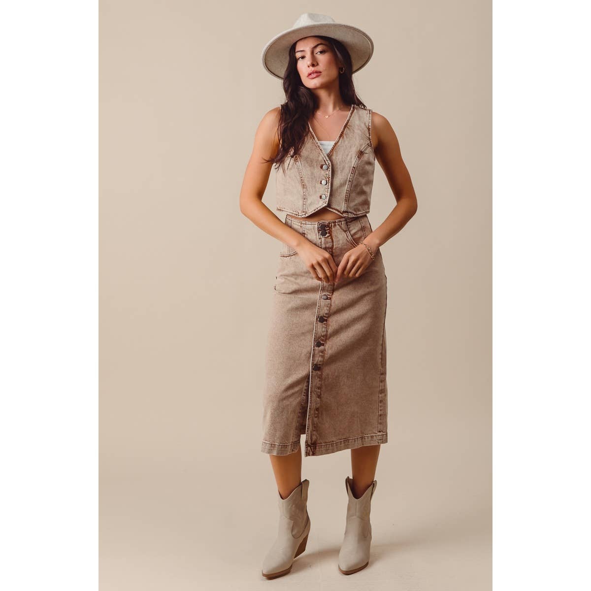 WASHED COLOR DENIM SEAMED VEST AND MIDI SKIRT SET