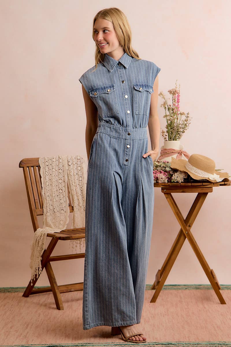 WASHED WIDE LEG PIN STRIPE DENIM OVERALLS JUMPSUIT