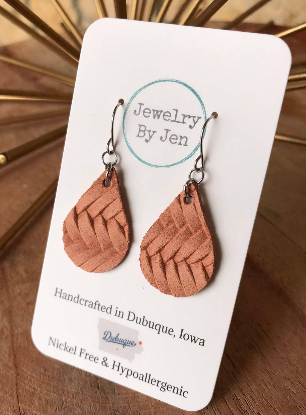 Small Teardrop Earrings: Peach Braided