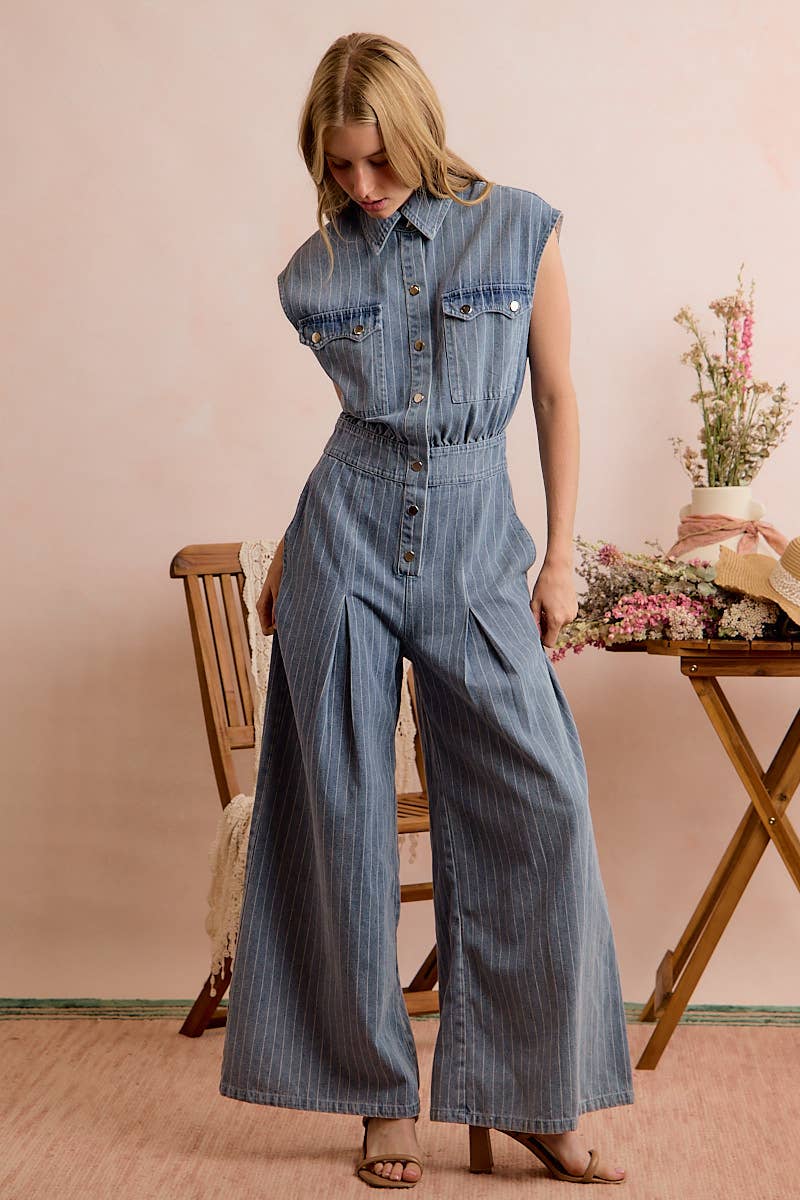 WASHED WIDE LEG PIN STRIPE DENIM OVERALLS JUMPSUIT