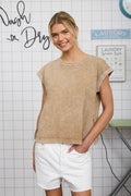 LIGHT OLIVE & BROWN WASHED EXTENDED SHOULDER KNIT T-SHIRT