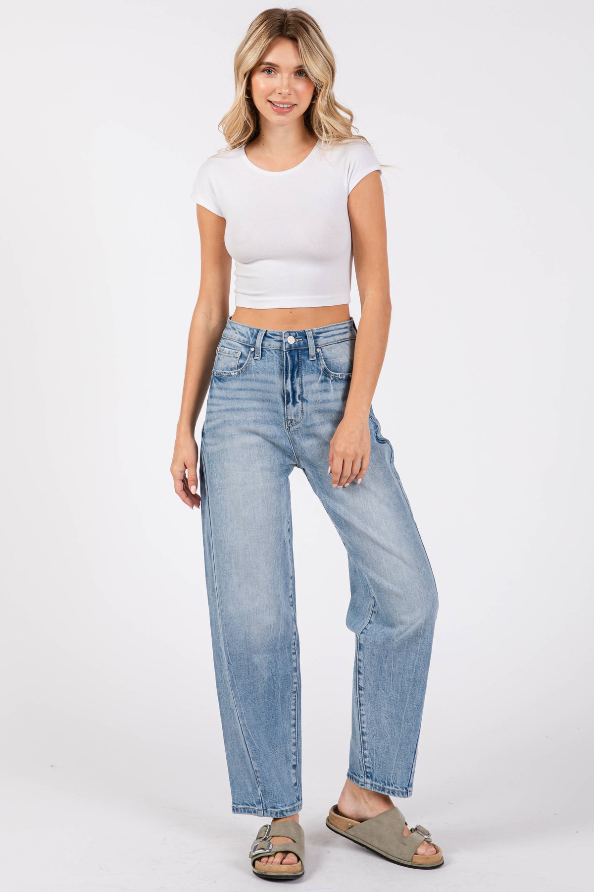 SIDE SEAM DETAILING HIGH RISE COMFORT BARREL JEANS
