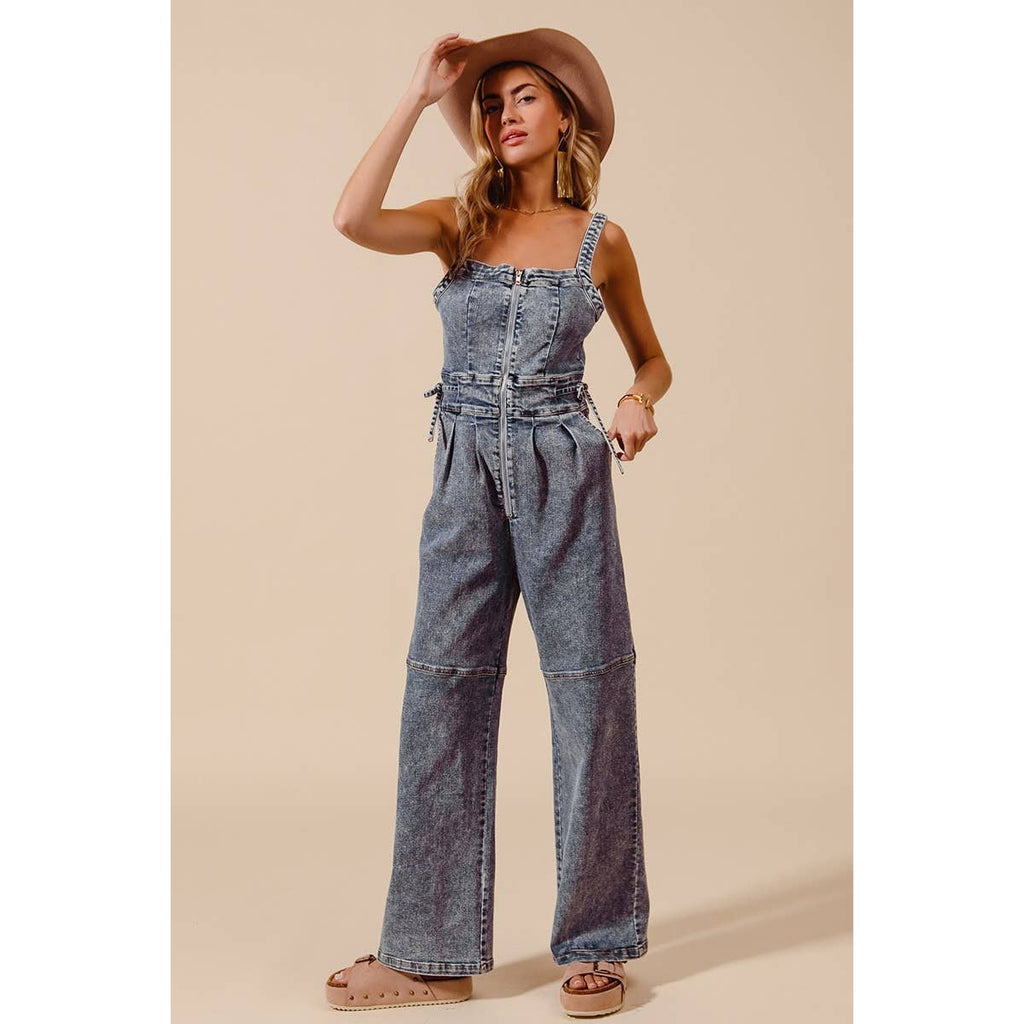 BACK CUTOUT ZIP UP DENIM JUMPSUIT OVERALLS