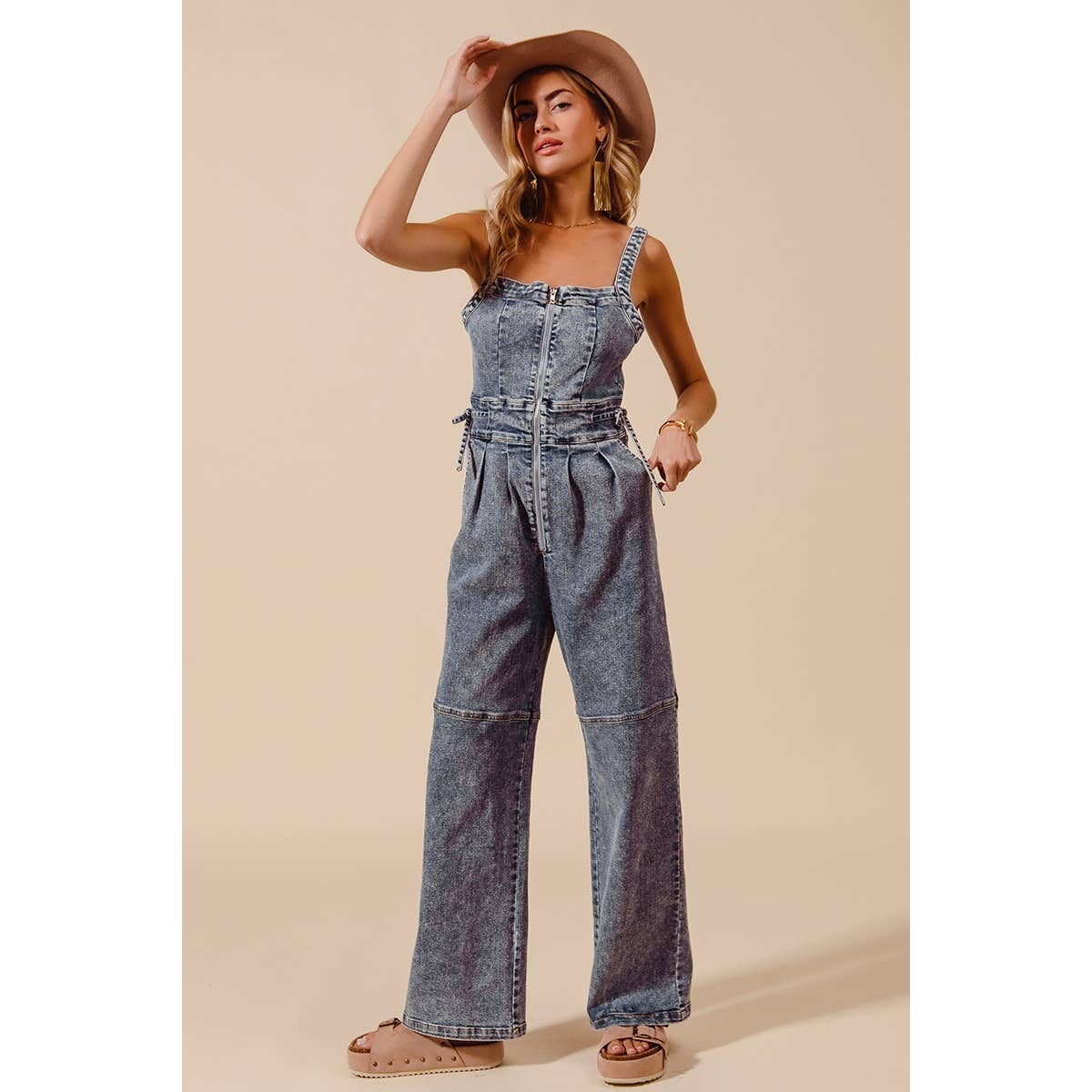 BACK CUTOUT ZIP UP DENIM JUMPSUIT OVERALLS