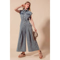 WASHED WIDE LEG PIN STRIPE DENIM OVERALLS JUMPSUIT