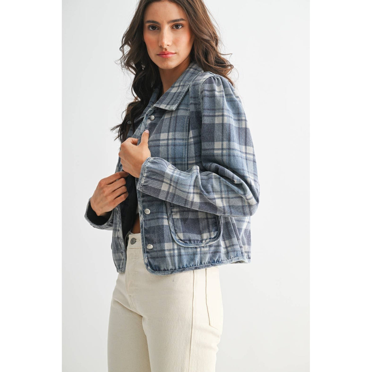 CET26255 Denim Plaid Button-Front Jacket