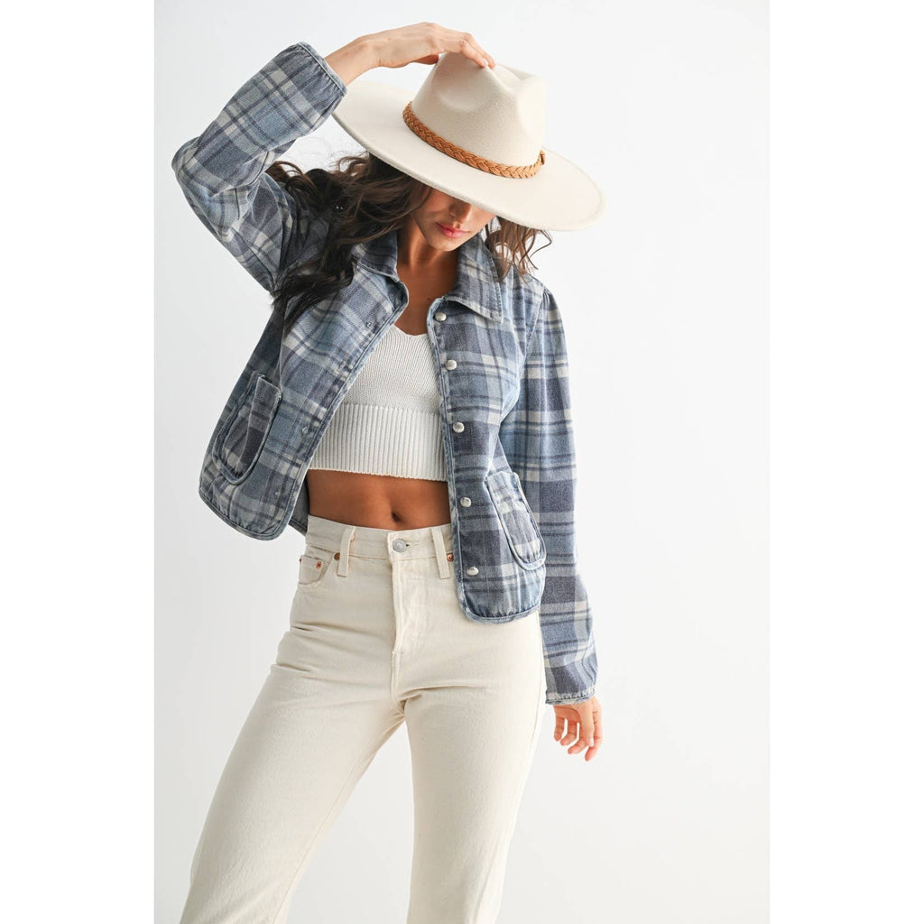 CET26255 Denim Plaid Button-Front Jacket
