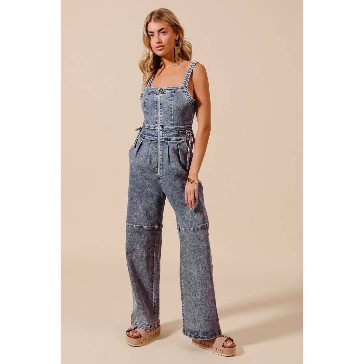 BACK CUTOUT ZIP UP DENIM JUMPSUIT OVERALLS