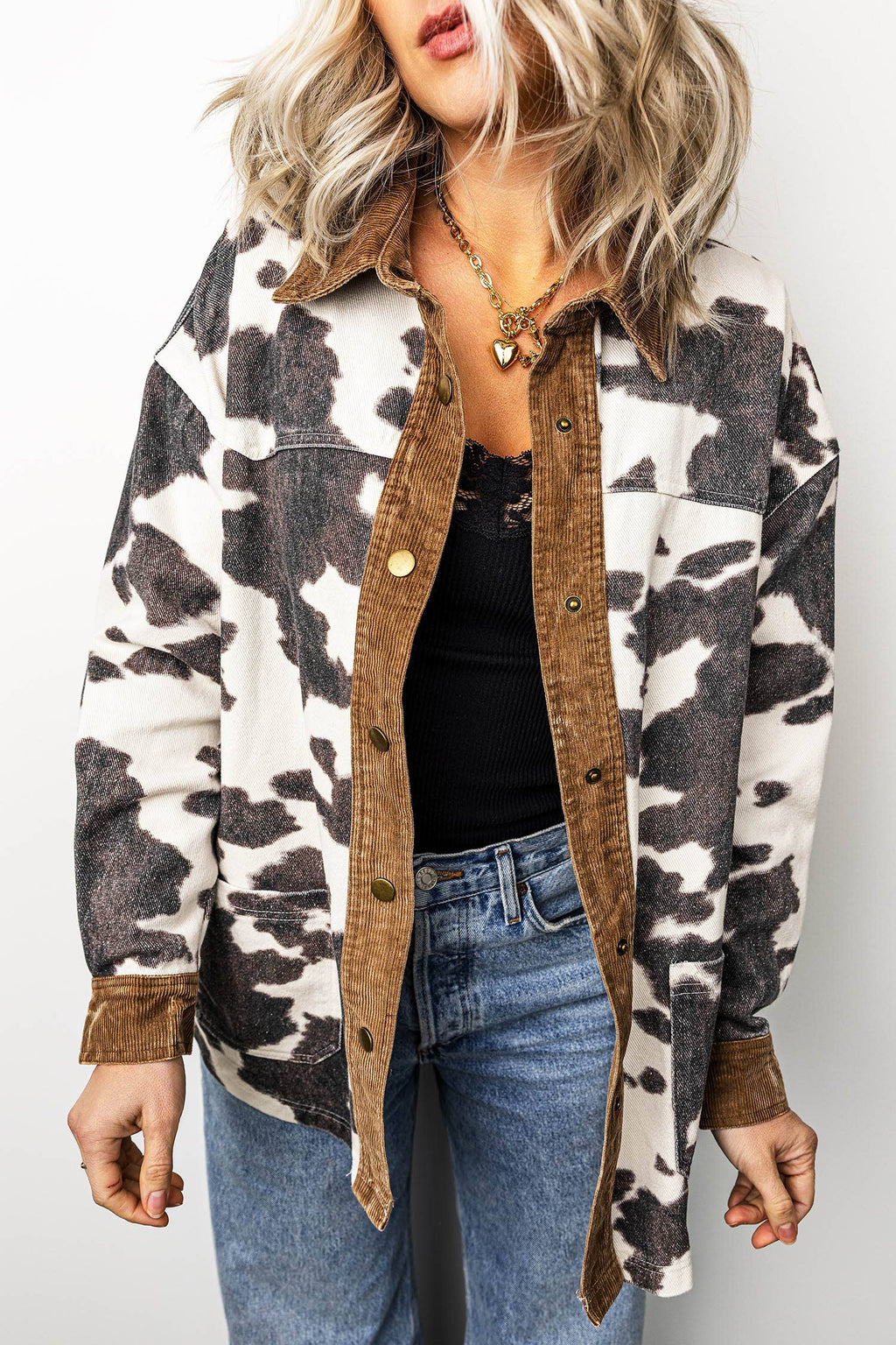 Western Cow Print Long Sleeve Button-Up Denim Jacket