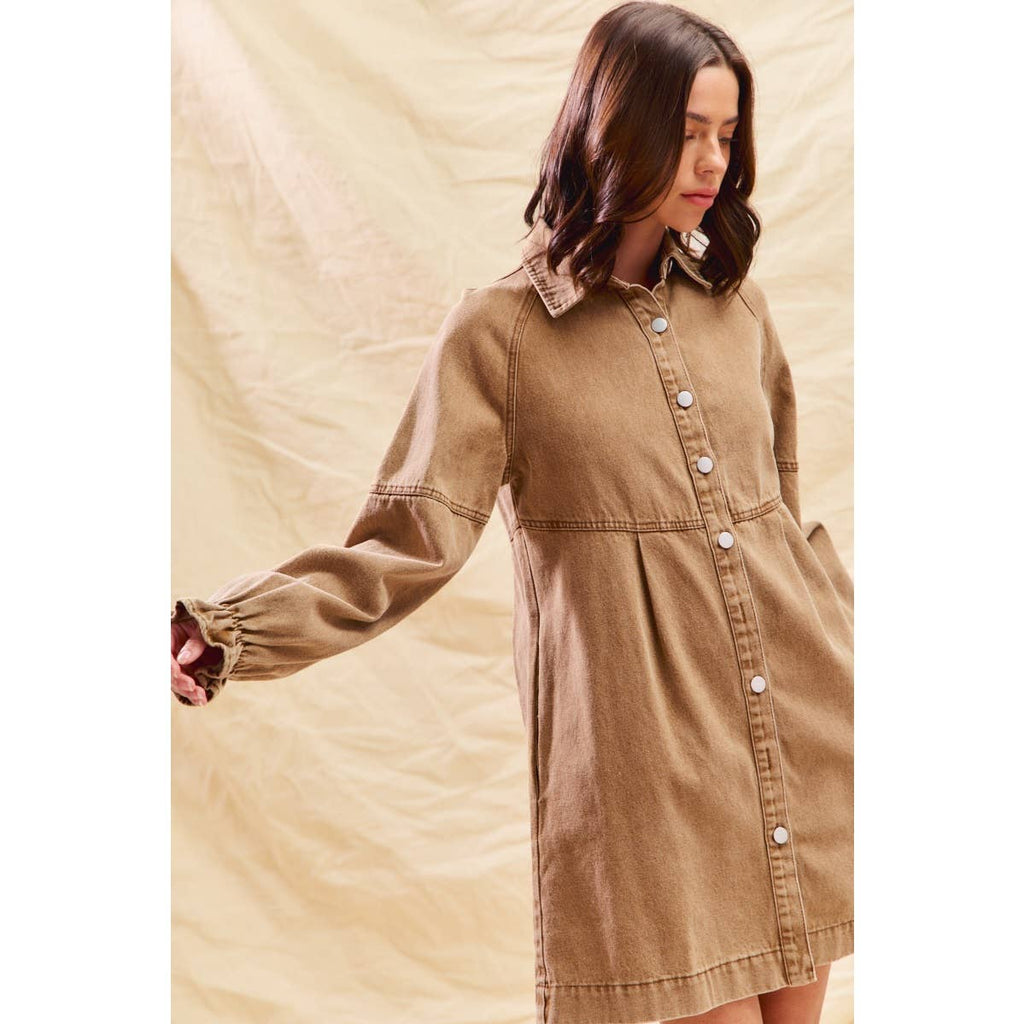 WASHED COLOR DENIM BUTTON DOWN SHIRT MINI DRESS