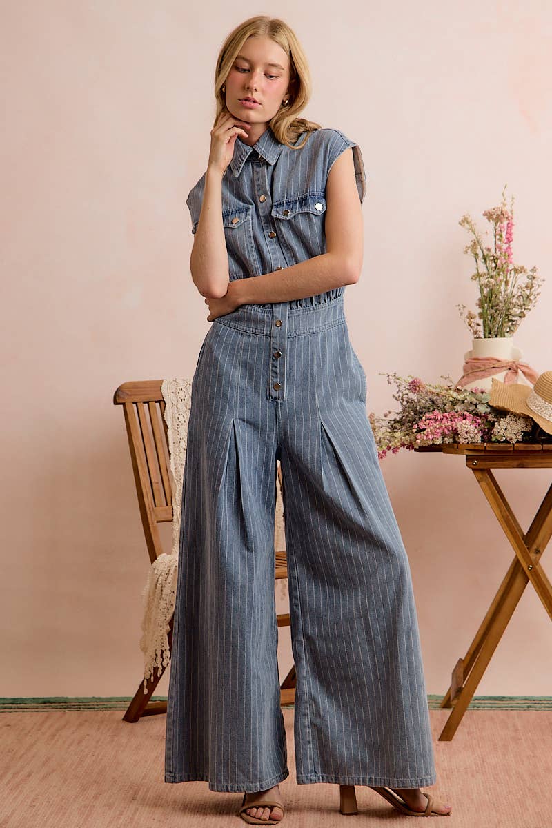 WASHED WIDE LEG PIN STRIPE DENIM OVERALLS JUMPSUIT