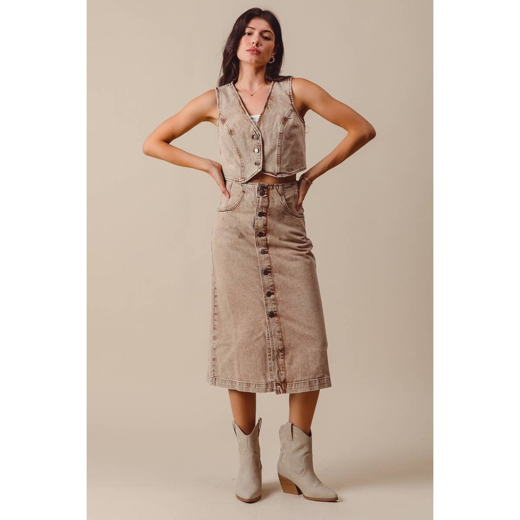 WASHED COLOR DENIM SEAMED VEST AND MIDI SKIRT SET
