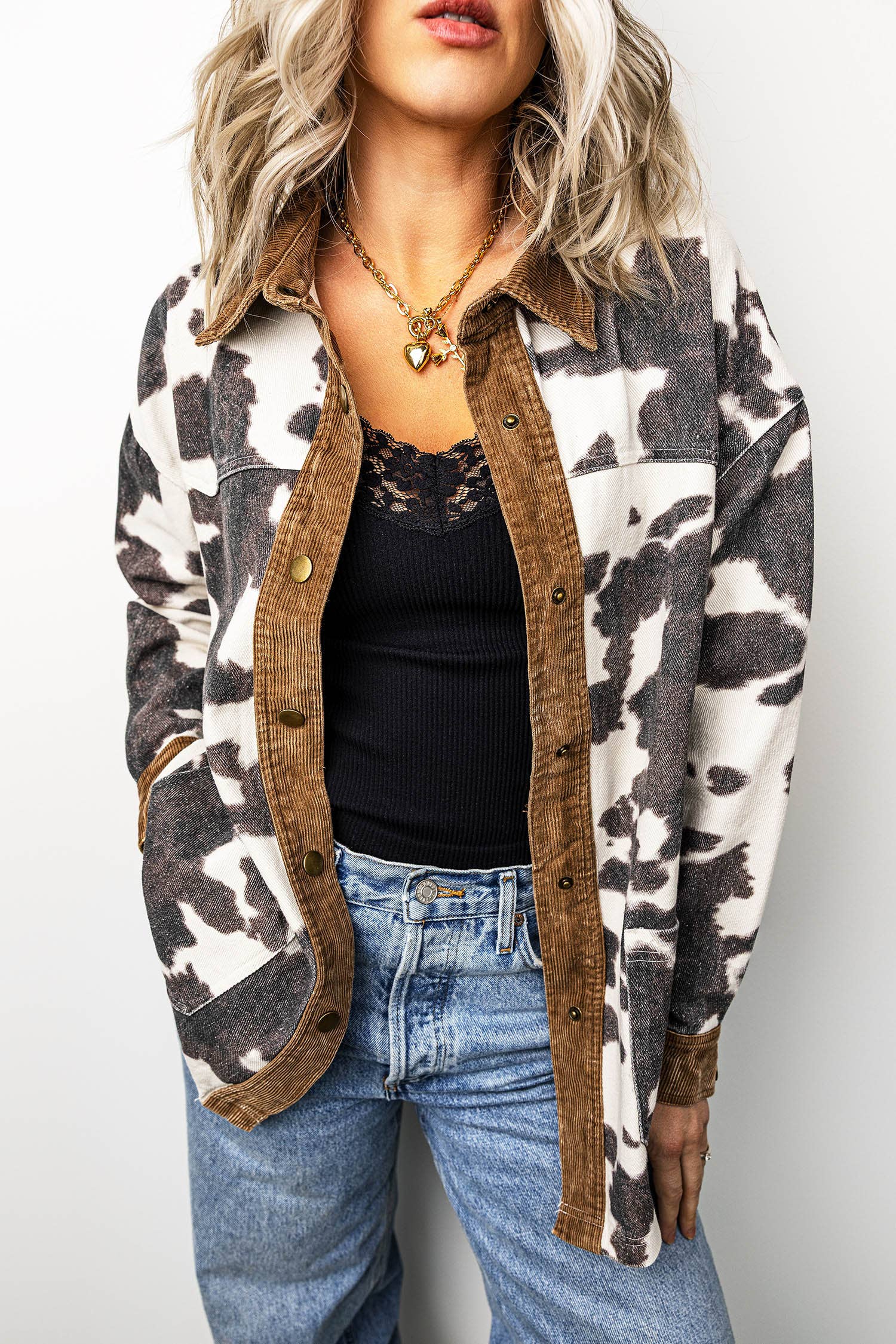 Western Cow Print Long Sleeve Button-Up Denim Jacket