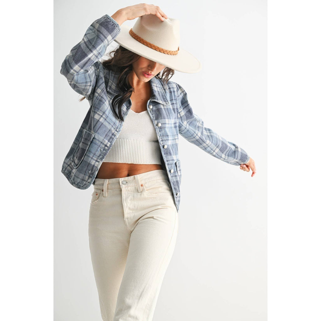 CET26255 Denim Plaid Button-Front Jacket