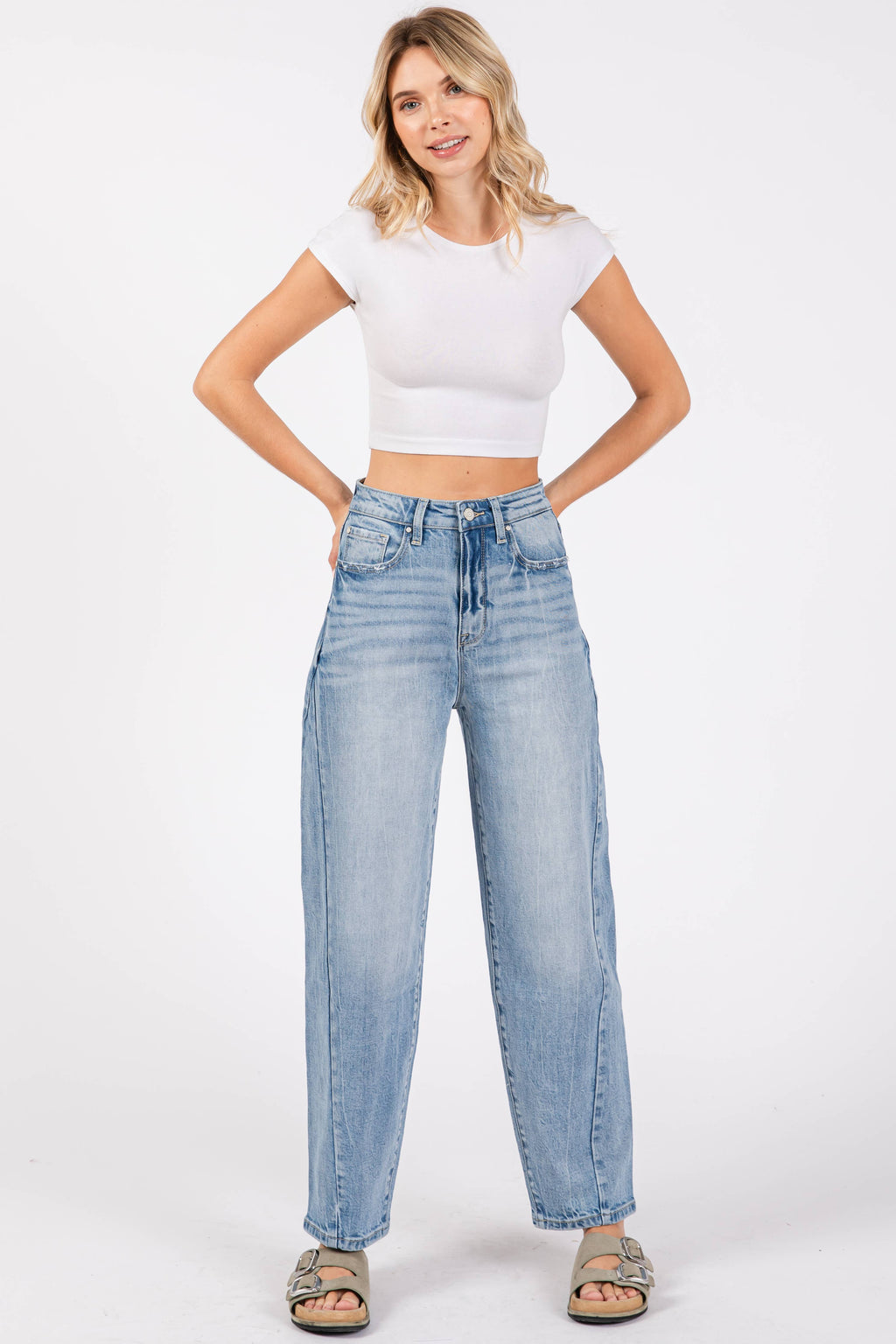SIDE SEAM DETAILING HIGH RISE COMFORT BARREL JEANS