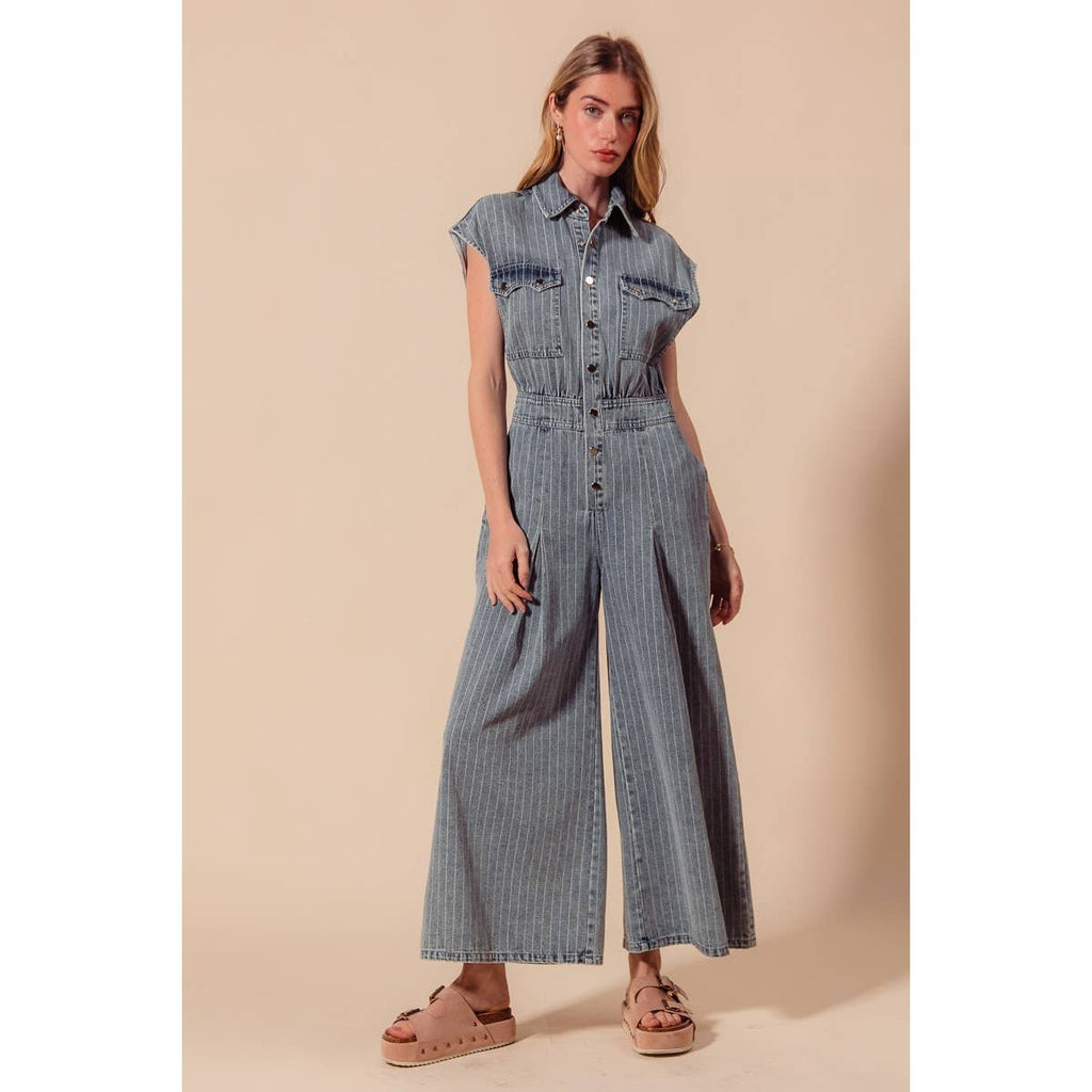 WASHED WIDE LEG PIN STRIPE DENIM OVERALLS JUMPSUIT