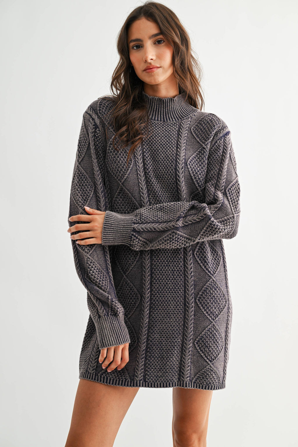TEXTURED KNIT GARMENT WASHED SWEATER DRESS