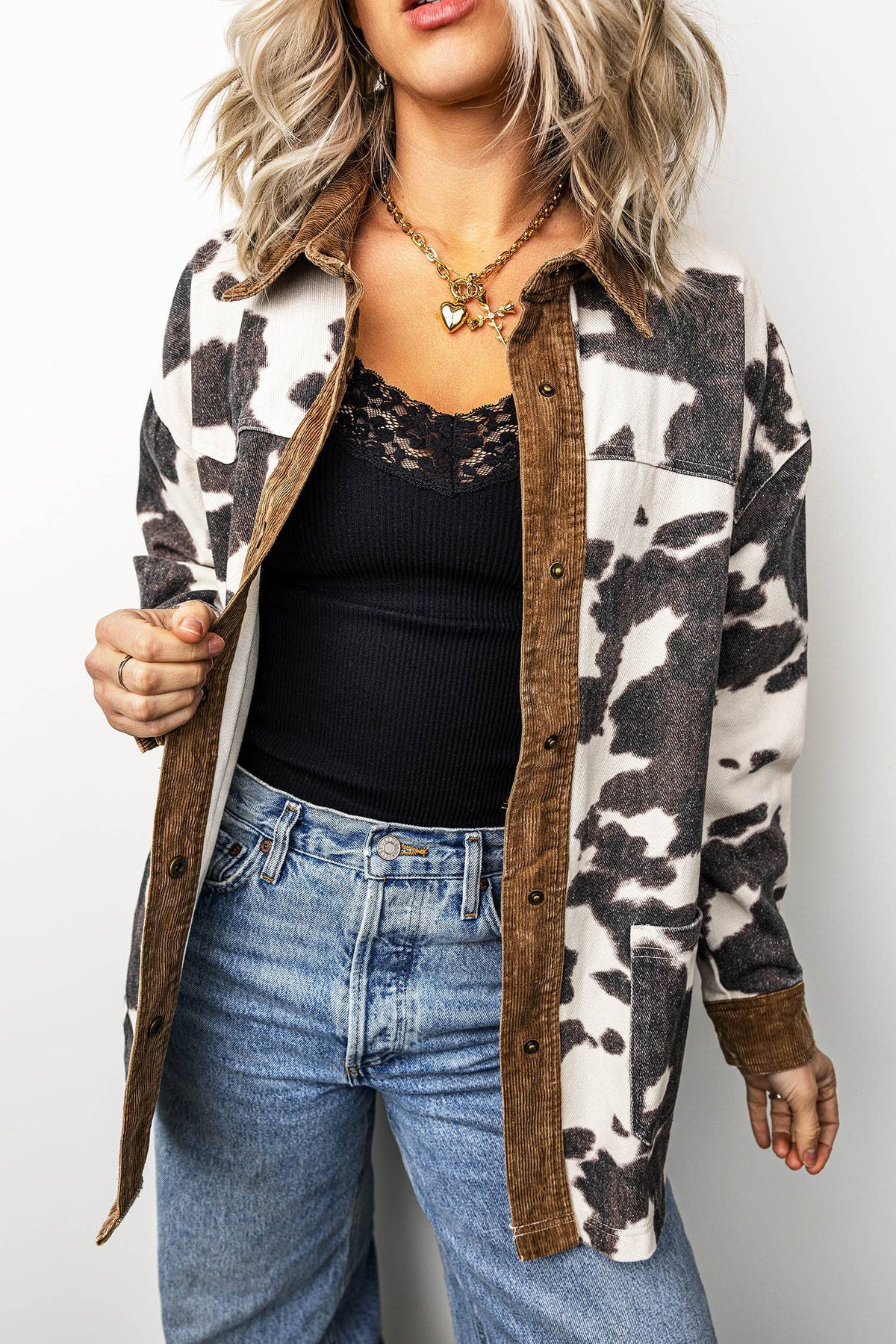 Western Cow Print Long Sleeve Button-Up Denim Jacket