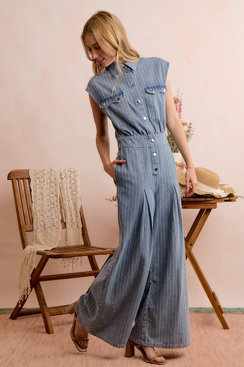WASHED WIDE LEG PIN STRIPE DENIM OVERALLS JUMPSUIT