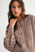 WASHED BLENDED BROWN CABLE KNIT CARDIGAN