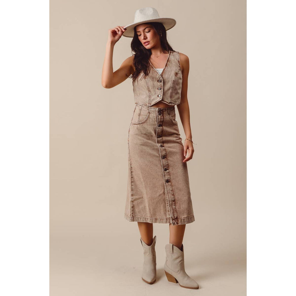 WASHED COLOR DENIM SEAMED VEST AND MIDI SKIRT SET