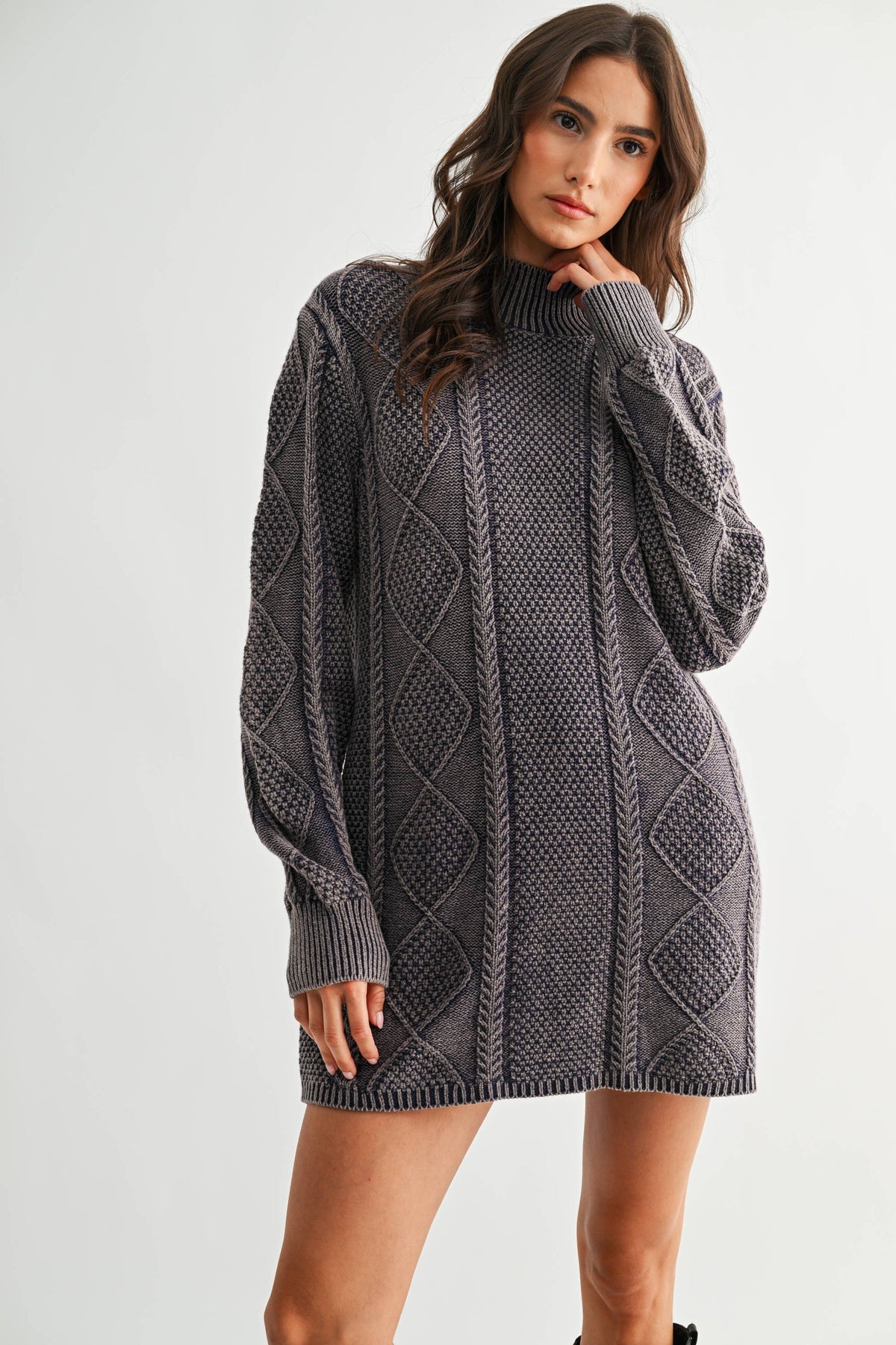 TEXTURED KNIT GARMENT WASHED SWEATER DRESS