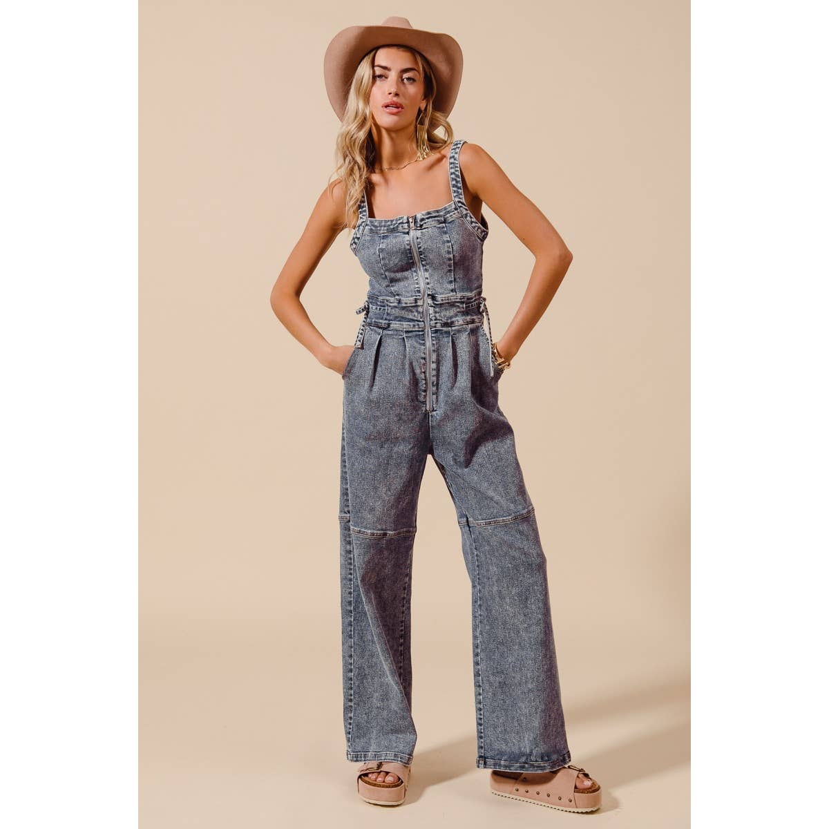 BACK CUTOUT ZIP UP DENIM JUMPSUIT OVERALLS