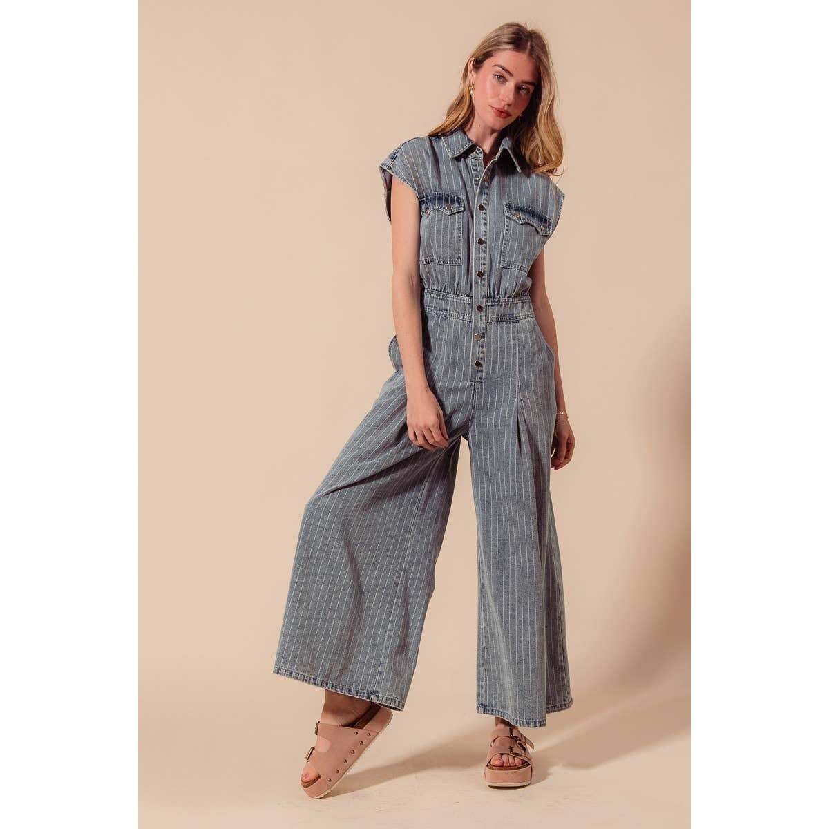WASHED WIDE LEG PIN STRIPE DENIM OVERALLS JUMPSUIT