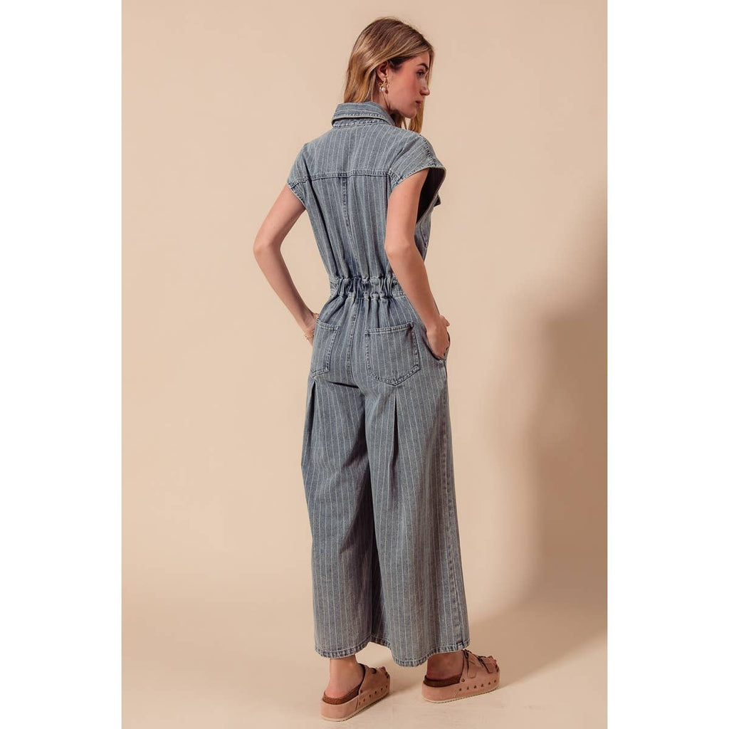WASHED WIDE LEG PIN STRIPE DENIM OVERALLS JUMPSUIT