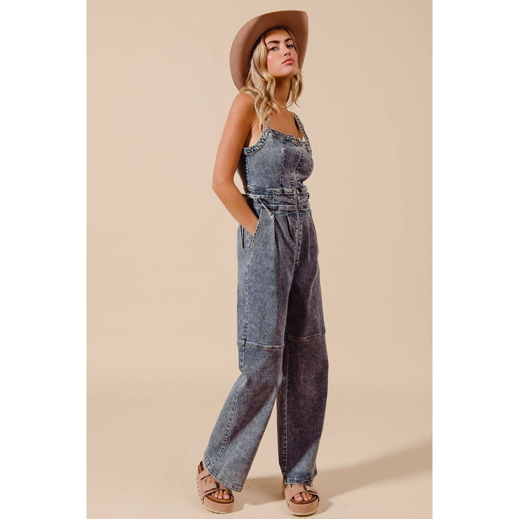 BACK CUTOUT ZIP UP DENIM JUMPSUIT OVERALLS