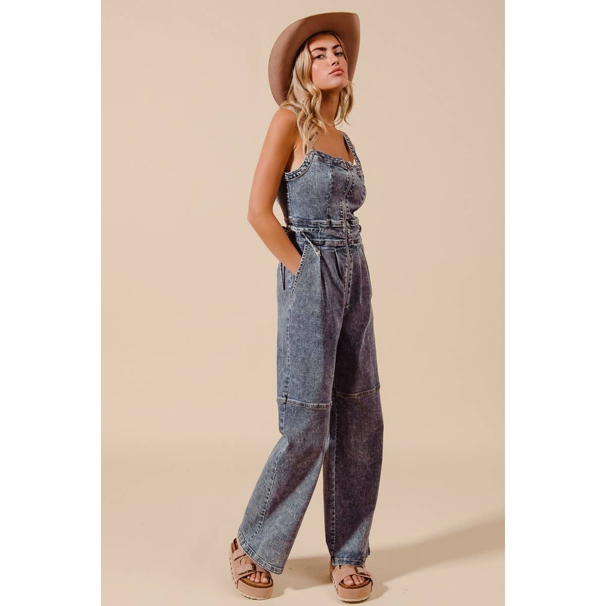 BACK CUTOUT ZIP UP DENIM JUMPSUIT OVERALLS