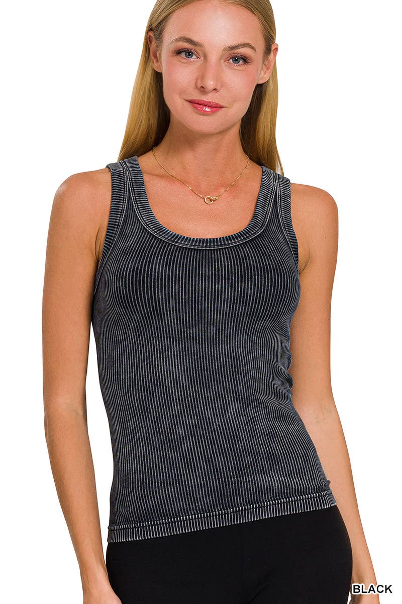 Black, Bone, & Dark Camel : 2 Way Neckline Washed Ribbed Seamless Tank Top