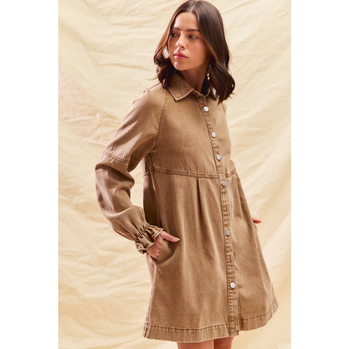 WASHED COLOR DENIM BUTTON DOWN SHIRT MINI DRESS