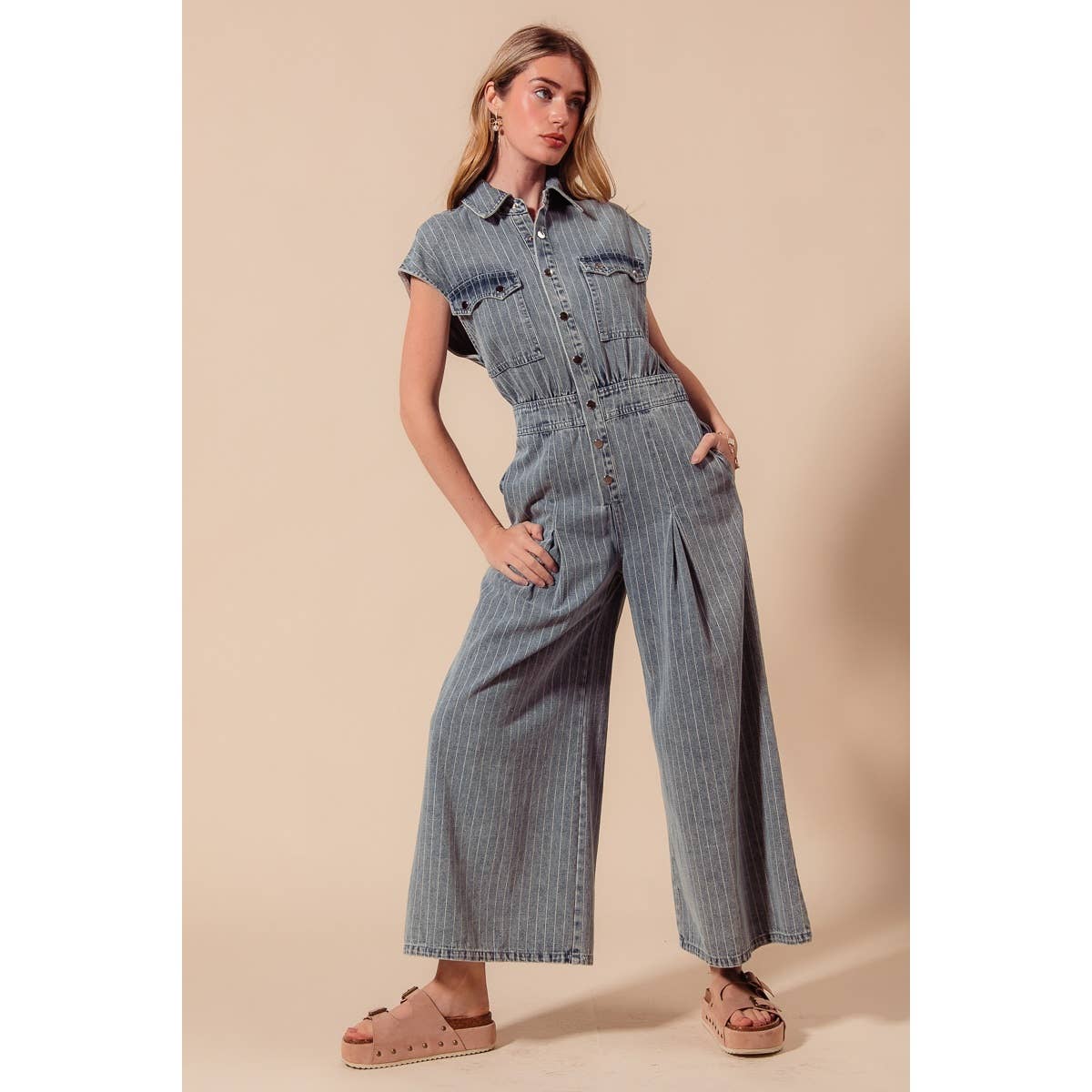 WASHED WIDE LEG PIN STRIPE DENIM OVERALLS JUMPSUIT