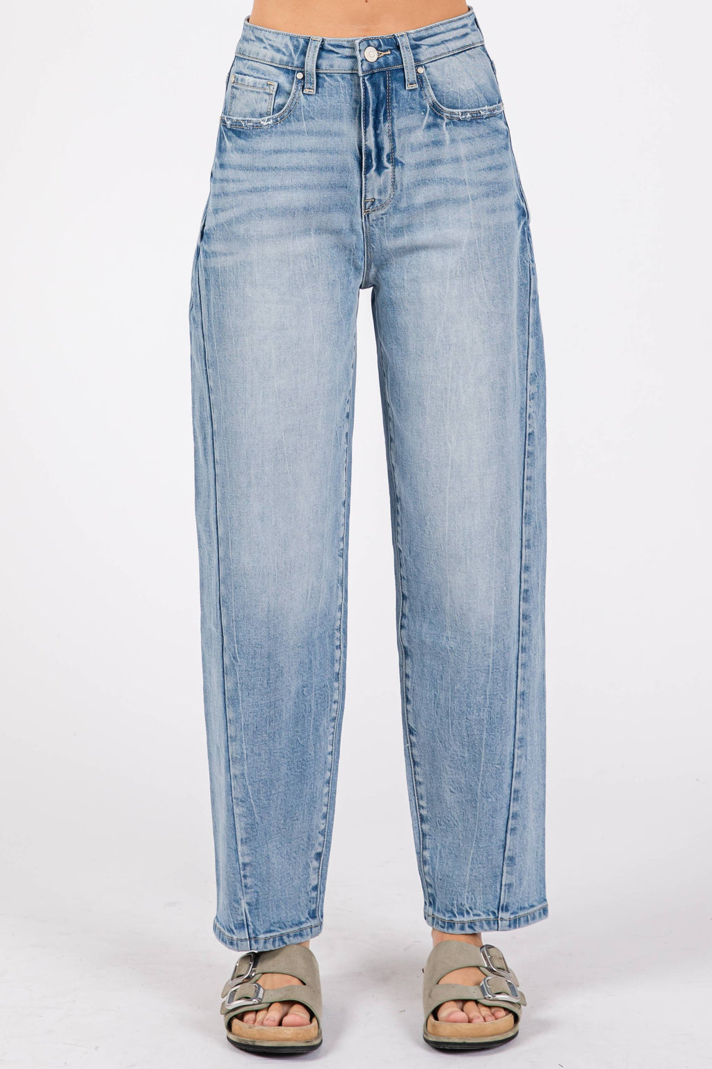 SIDE SEAM DETAILING HIGH RISE COMFORT BARREL JEANS