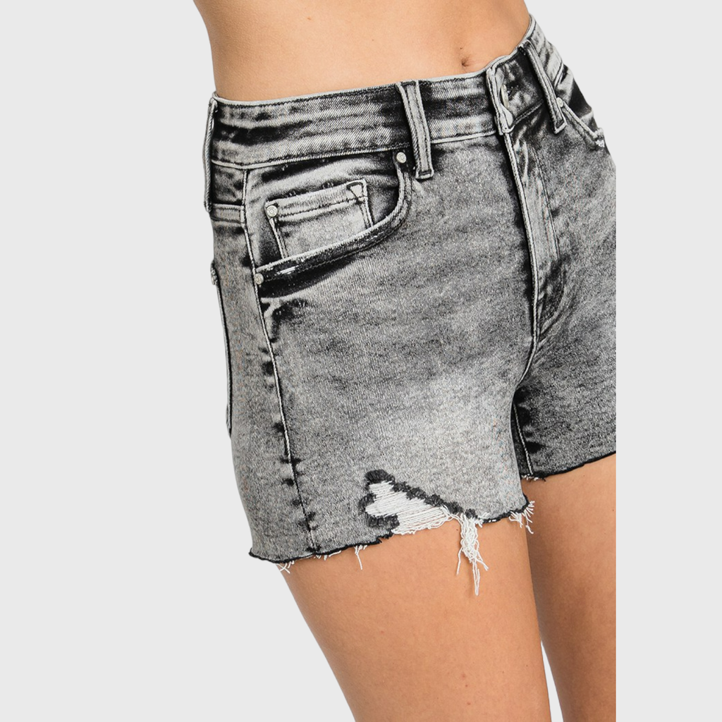 HIGH RISE GREY ACID WASH SHORTS W/ DESTROYED HEM