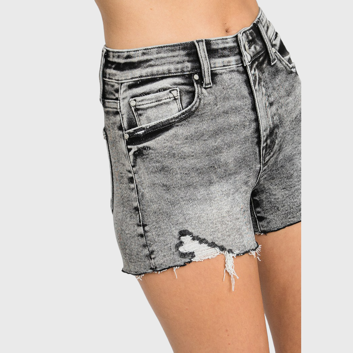 HIGH RISE GREY ACID WASH SHORTS W/ DESTROYED HEM